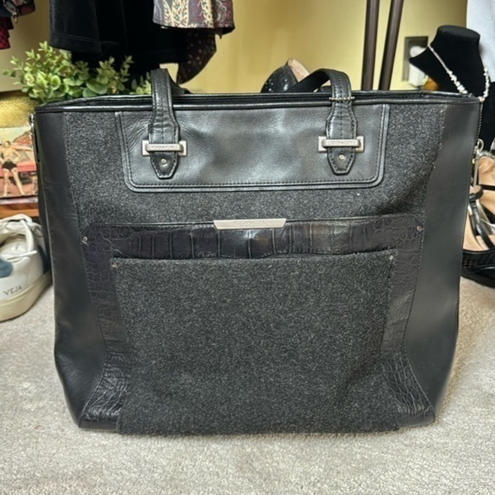 Vintage Coach Taylor Leather Tote - Black  Embossed Croc Leather and Wool detail
